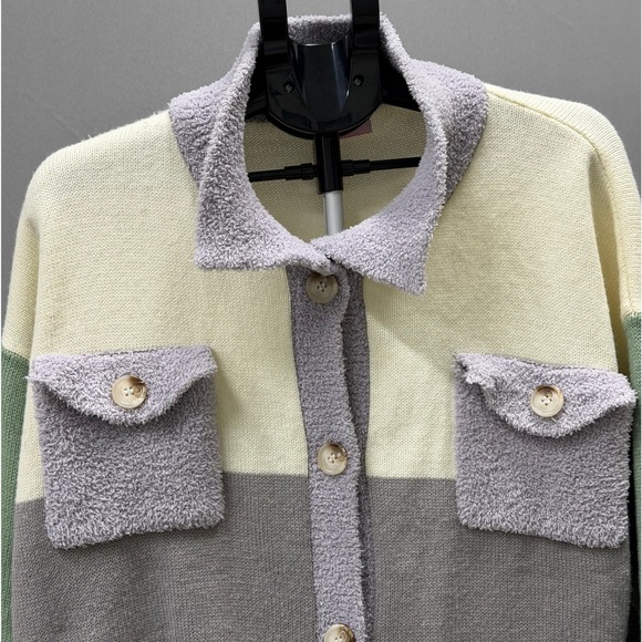 Pink Lily Colorblock Fuzzy Collared Button Front Cardigan Sweater XL - Picture 4 of 7